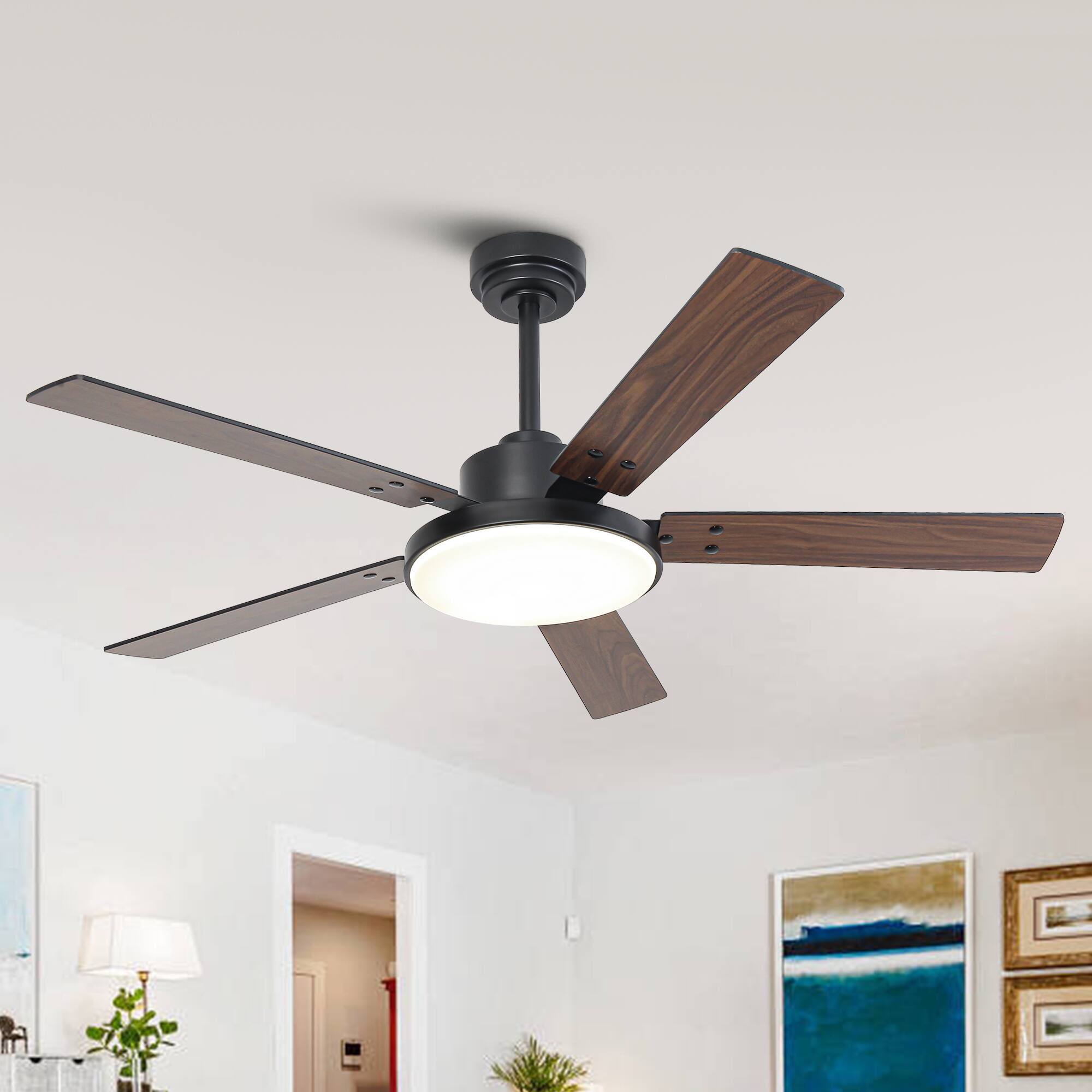 Angle. Vaczon - 52" Modern Black 6 Speed DC Motor Ceiling Fan with Light and Remote - Black.
