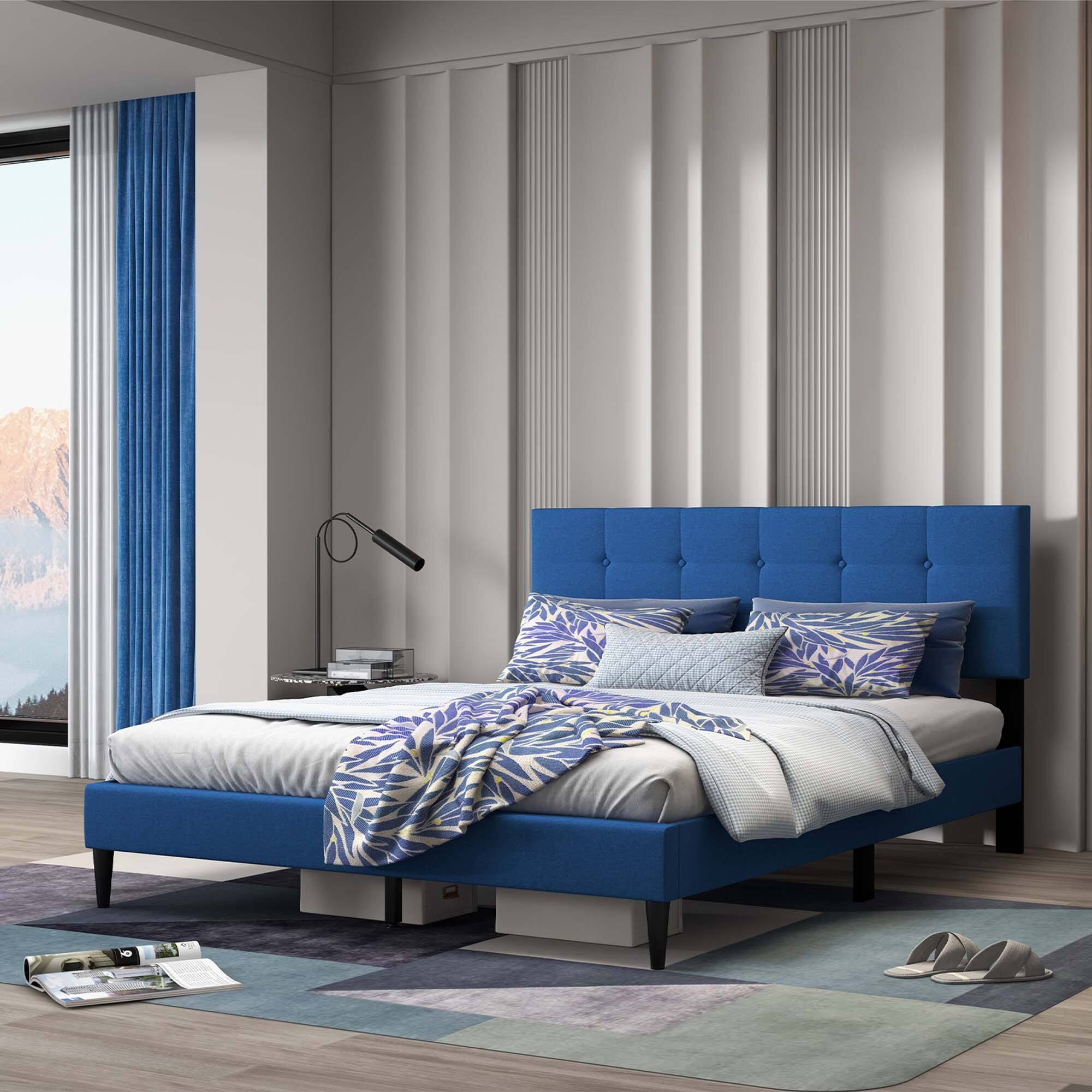 Alt View 5. Costway - Costway Queen Upholstered Platform Bed Mattress Foundation Button Tufted Headboard - Blue.