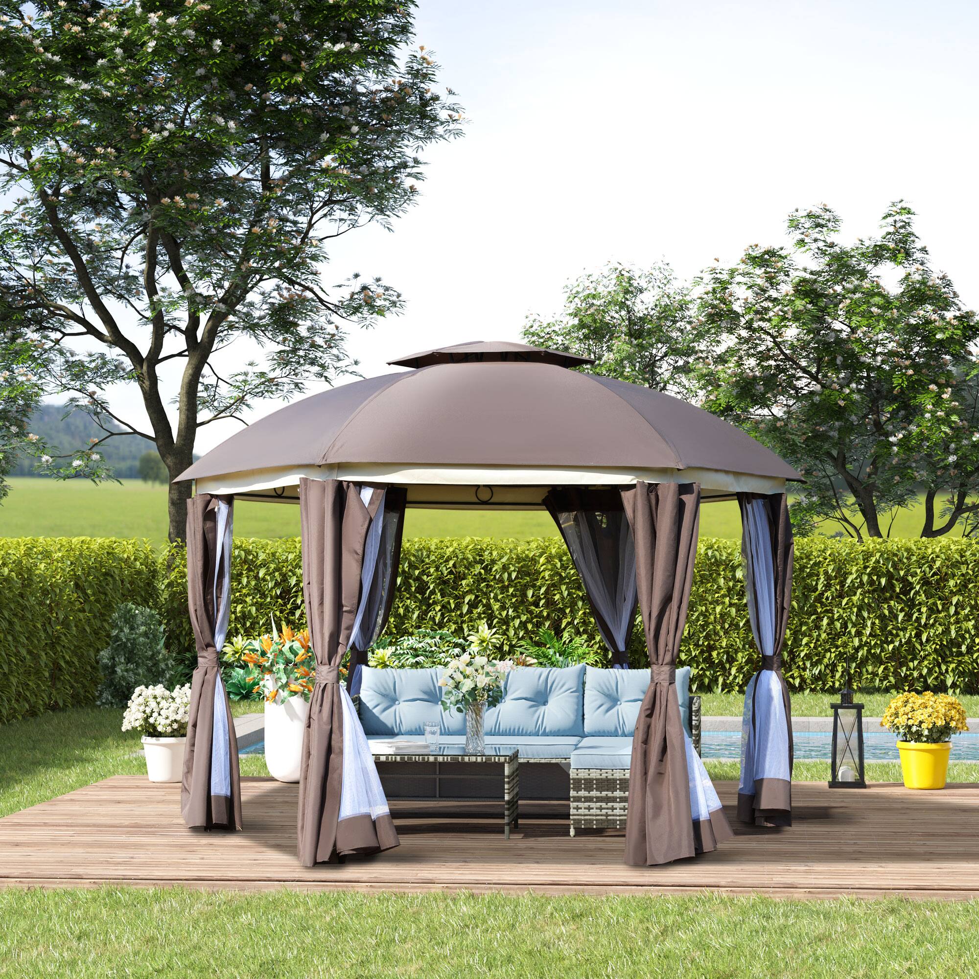 Angle. Outsunny - 10' x 13' Outdoor Gazebo, Patio Gazebo Canopy Shelter w/Double Vented Roof, Zippered Mesh Sidewalls - Brown.