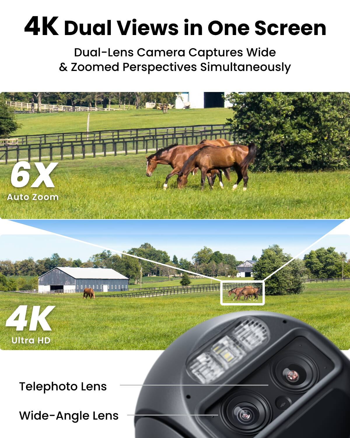 4K Dual Views in One Screen  
Dual-Lens Camera Captures Wide & Zoomed Perspectives Simultaneously

6X Auto Zoom

4K Ultra HD

Telephoto Lens

Wide-Angle Lens