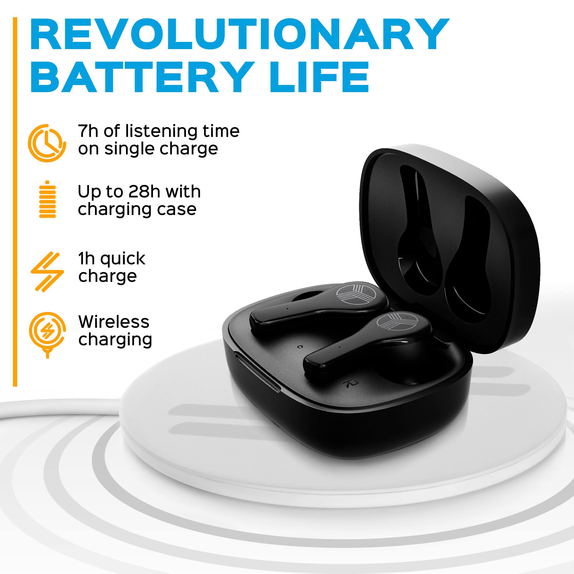 REVOLUTIONARY BATTERY LIFE

- 7h of listening time on single charge
- Up to 28h with charging case
- 1h quick charge
- Wireless charging