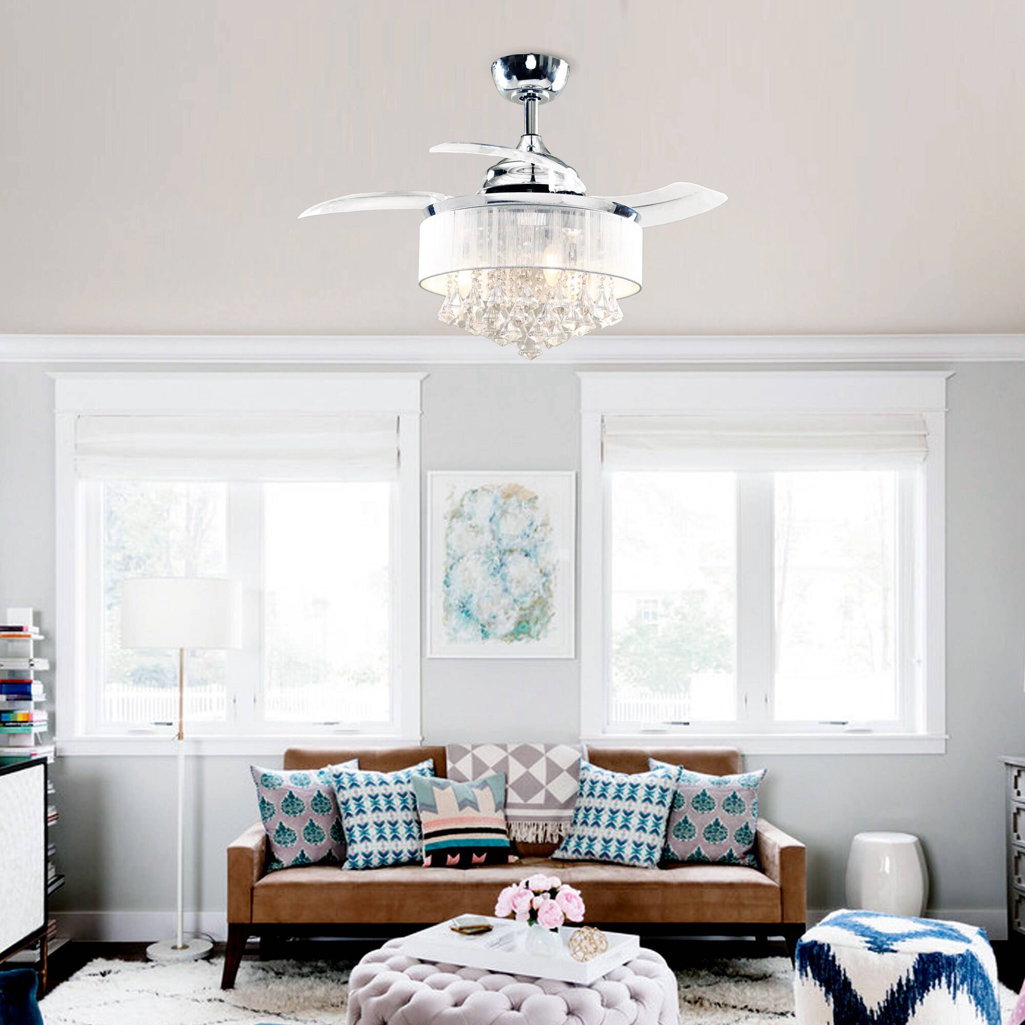 Alt View 1. Parrot Uncle - 36" Chrome Retractable 3-blade Crystal Ceiling Fan Chandelier with Remote - Chrome.