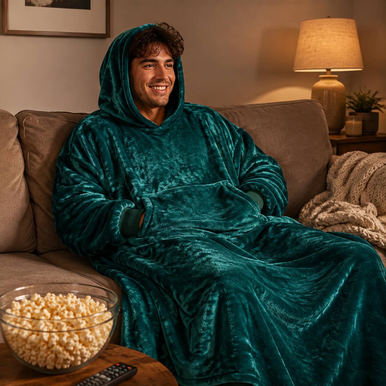 Alt View 2. Oumilen - Large Wearable Blanket Hoodie for Adults, Green Oversized Flannel Hooded Sweatshirt Blanket with Big Pocket 47.2in - Green.