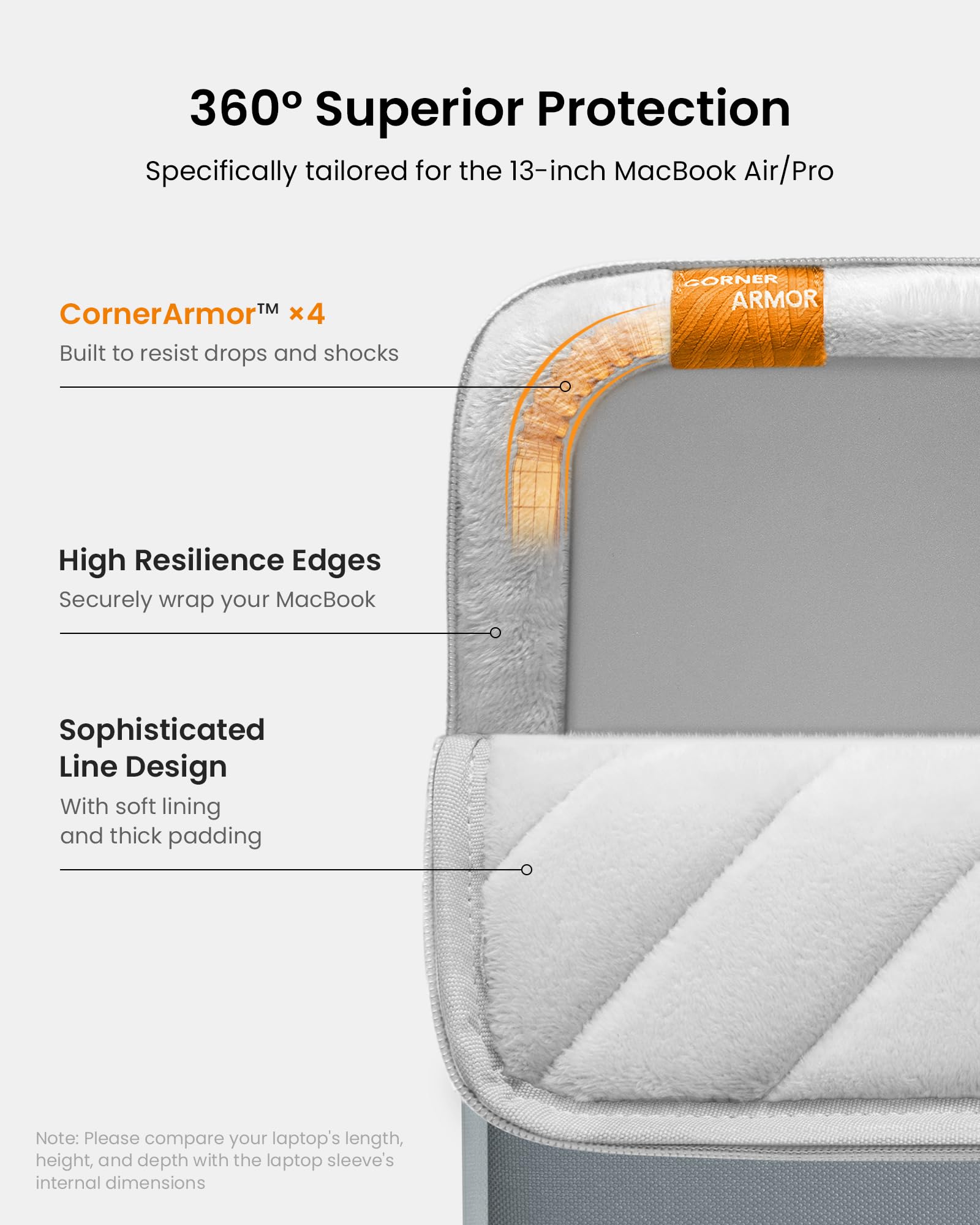 360° Superior Protection  
Specifically tailored for the 13-inch MacBook Air/Pro  

CornerArmor™ x4  
Built to resist drops and shocks  

High Resilience Edges  
Securely wrap your MacBook  

Sophisticated Line Design  
With soft lining and thick padding  

Note: Please compare your laptop's length, height, and depth with the laptop sleeve's internal dimensions