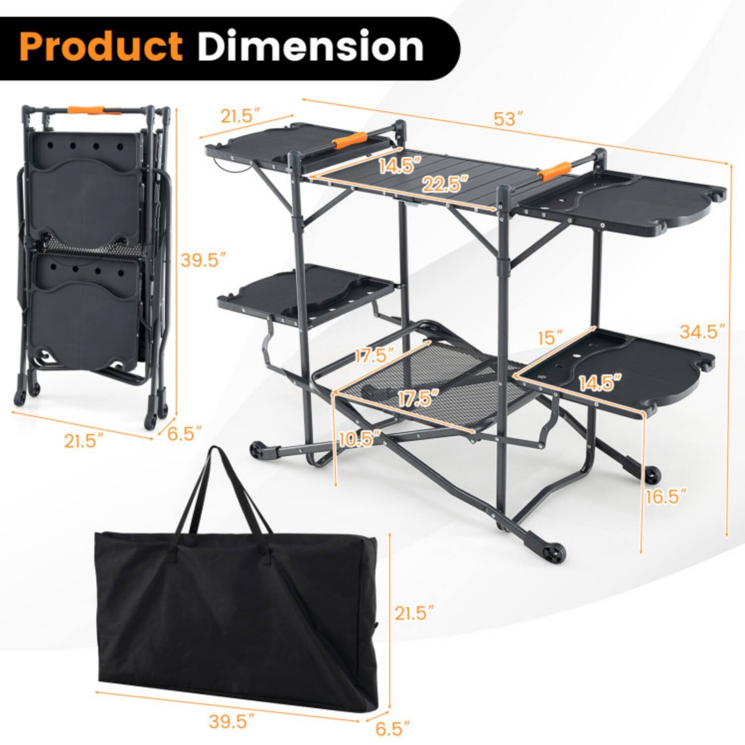 Product Dimension

- 21.5" x 53" x 14.5"
- 22.5" x 39.5" x 17.5"
- 15" x 14.5" x 34.5"
- 21.5" x 6.5" x 10.5"
- 16.5" x 21.5" x 39.5"
- 6.5" x 39.5" x 21.5"
