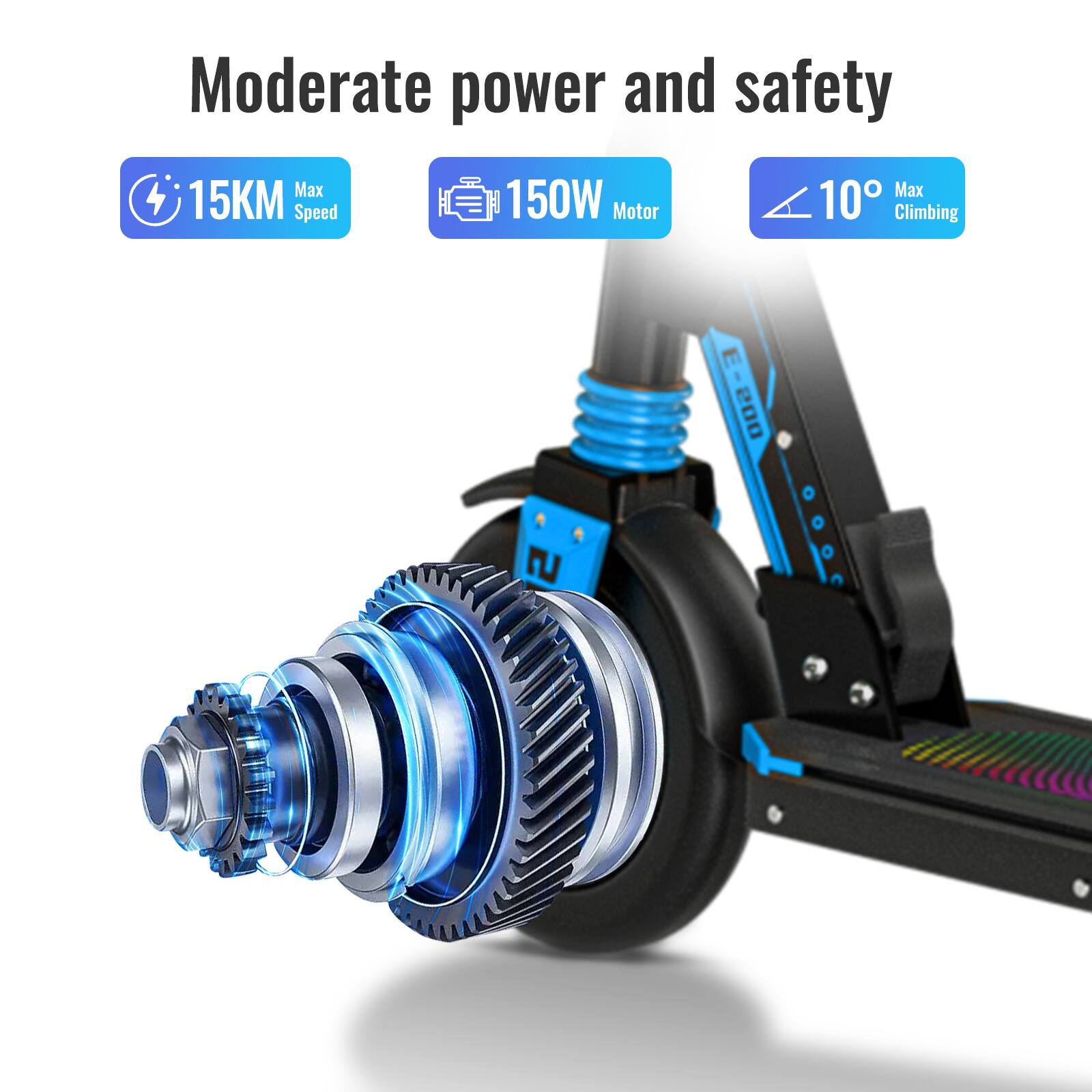 Moderate power and safety

- 15KM Max Speed
- 150W Motor
- 10° Max Climbing