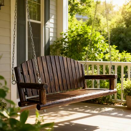 Front. Fortune Candy - 5 FT Rustic Fir Wood Porch Swing, Handcrafted Outdoor Hanging Bench, Heavy-Duty 900lbs for Patio Garden - Deep Brown.