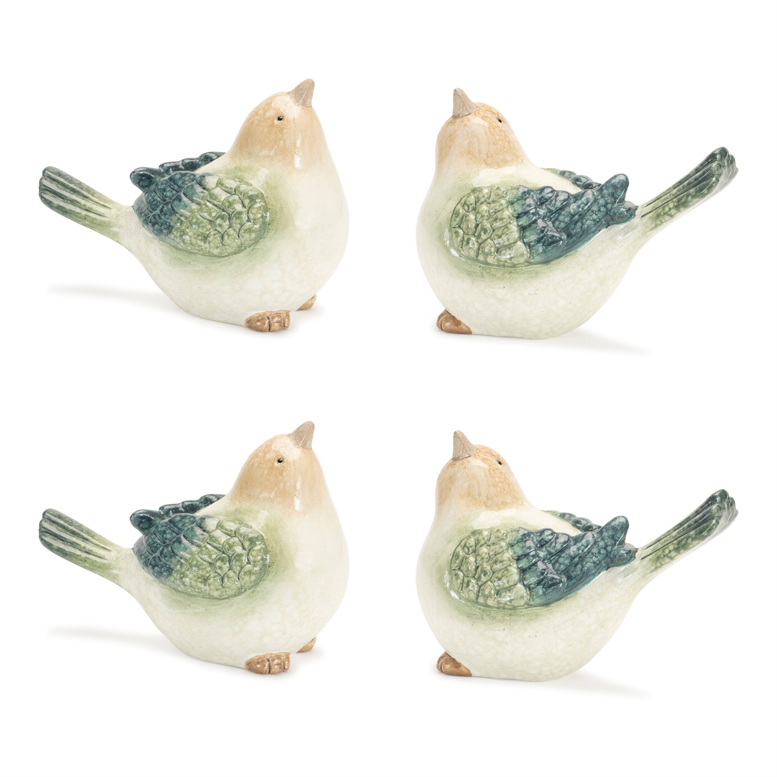 Back. BreeBe - Terra Cotta Bird Figurine (Set of 4) - Beige, Blue, Green.