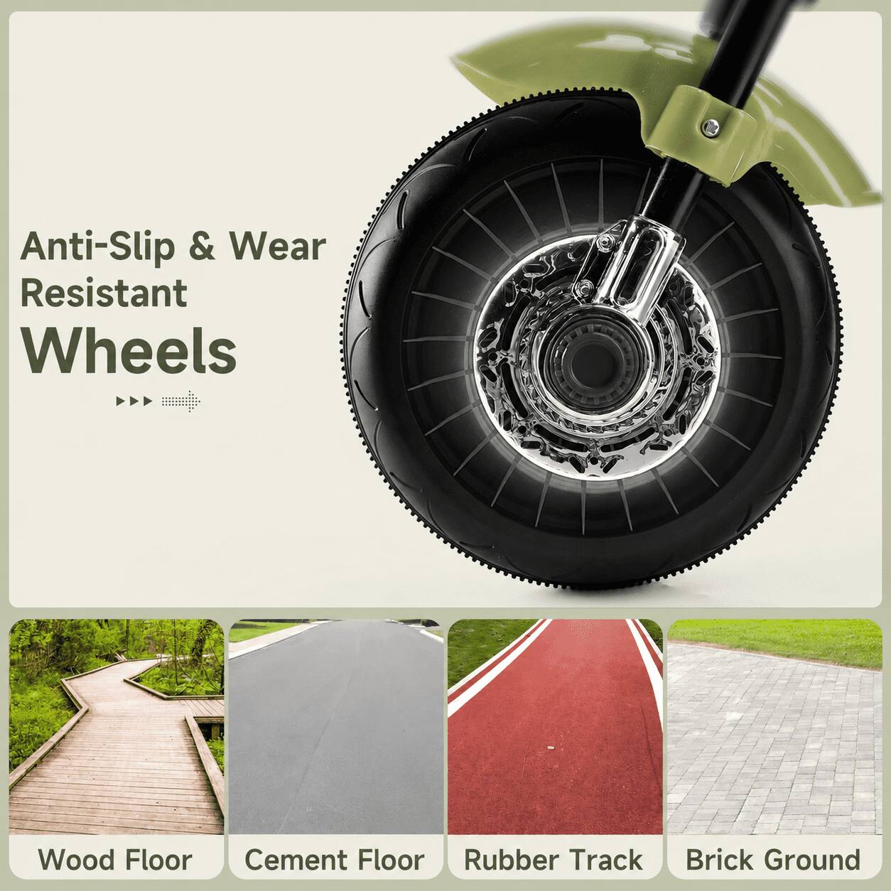 Anti-Slip & Wear Resistant Wheels

Wood Floor  
Cement Floor  
Rubber Track  
Brick Ground