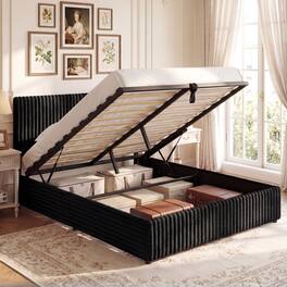 LUCKY ONE - Queen Assembled Lift-up Storage Bed with Corduroy Upholstered Headboard Wooden Slats 600 lbs - Black