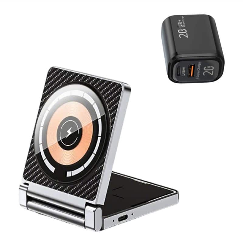 RISOKEYS - 2-in-1 Wireless Charger with Charging Port - Metal Foldable Stand, Magnetic Charging for Apple iPhone and Earphones - Black