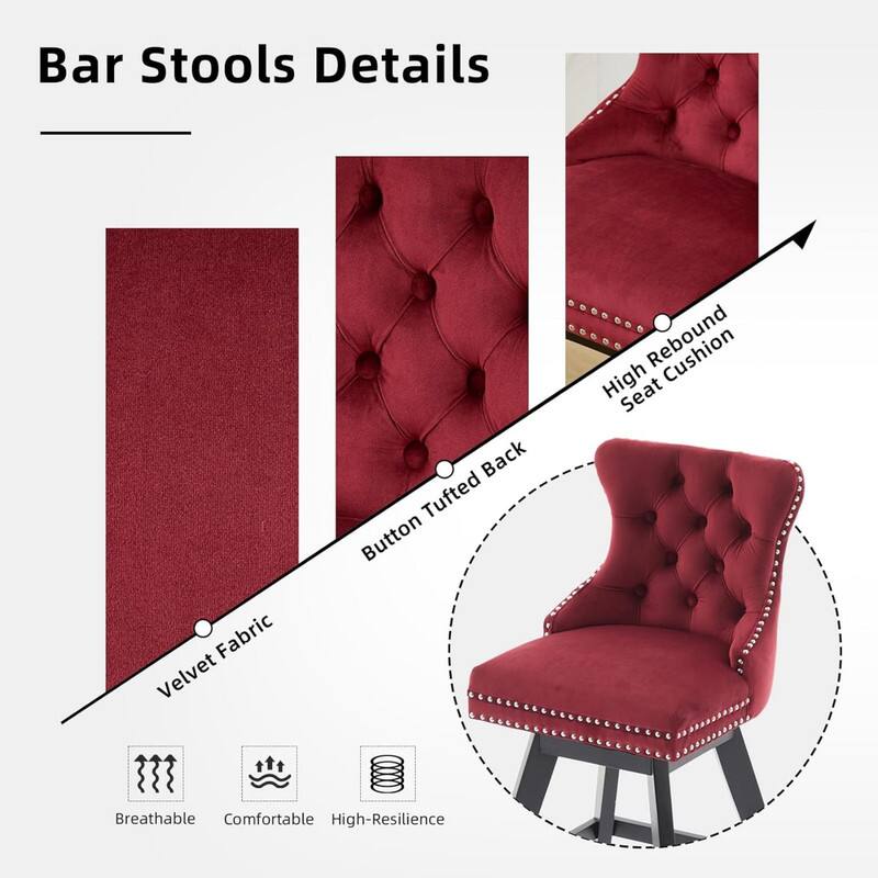 Bar Stools Details  
- Velvet Fabric  
- Button Tufted Back  
- High Rebound Seat Cushion  
- Breathable  
- Comfortable  
- High-Resilience