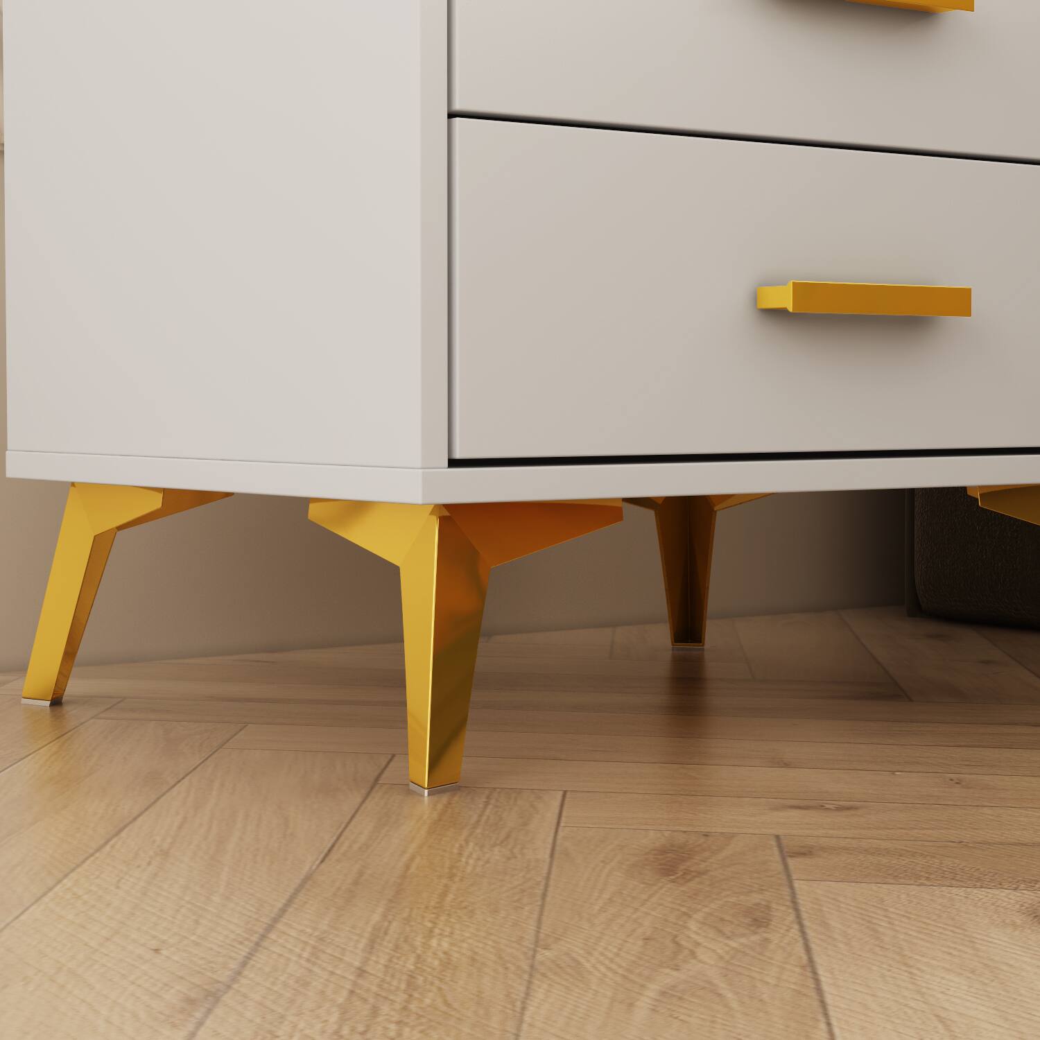 Alt View 1. FUFU & GAGA - FUFU&GAGA 3 - Drawer Nightstand: Gold Accents & Modern Glam - White.