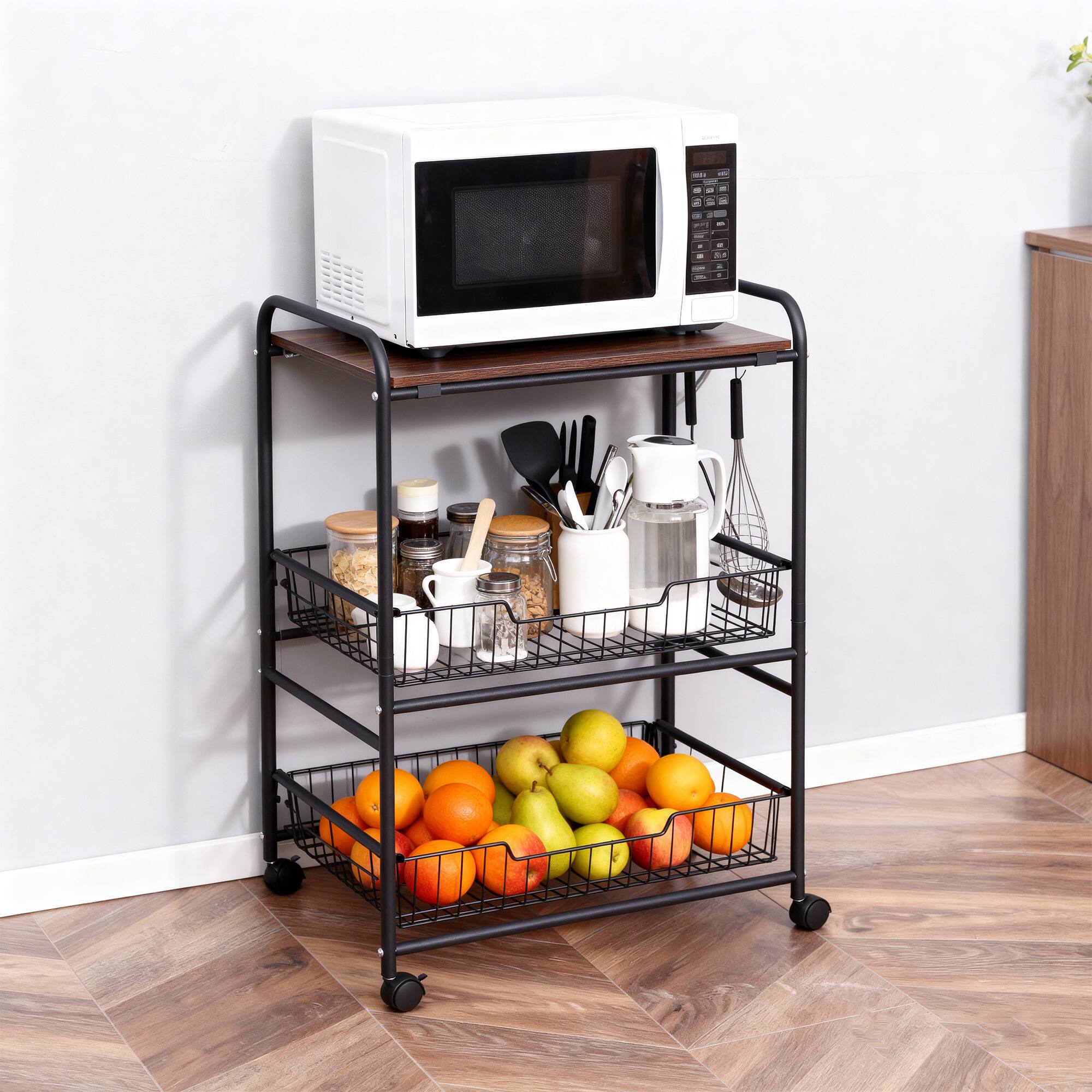 Alt View 4. Homcom - 3 Tier Kitchen Cart with Storage, Rolling Kitchen Island Cart with 2 Sliding Fruit Basket and Side Hooks for Dining Room - Walnut.