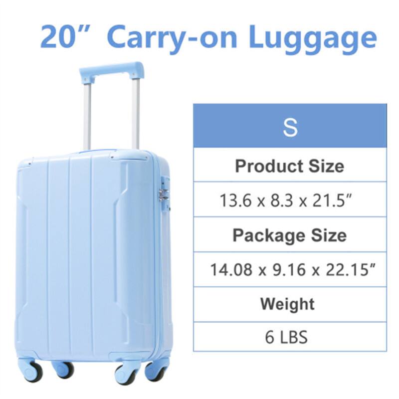 20" Carry-on Luggage  
S  
Product Size: 13.6 x 8.3 x 21.5"  
Package Size: 14.08 x 9.16 x 22.15"  
Weight: 6 LBS