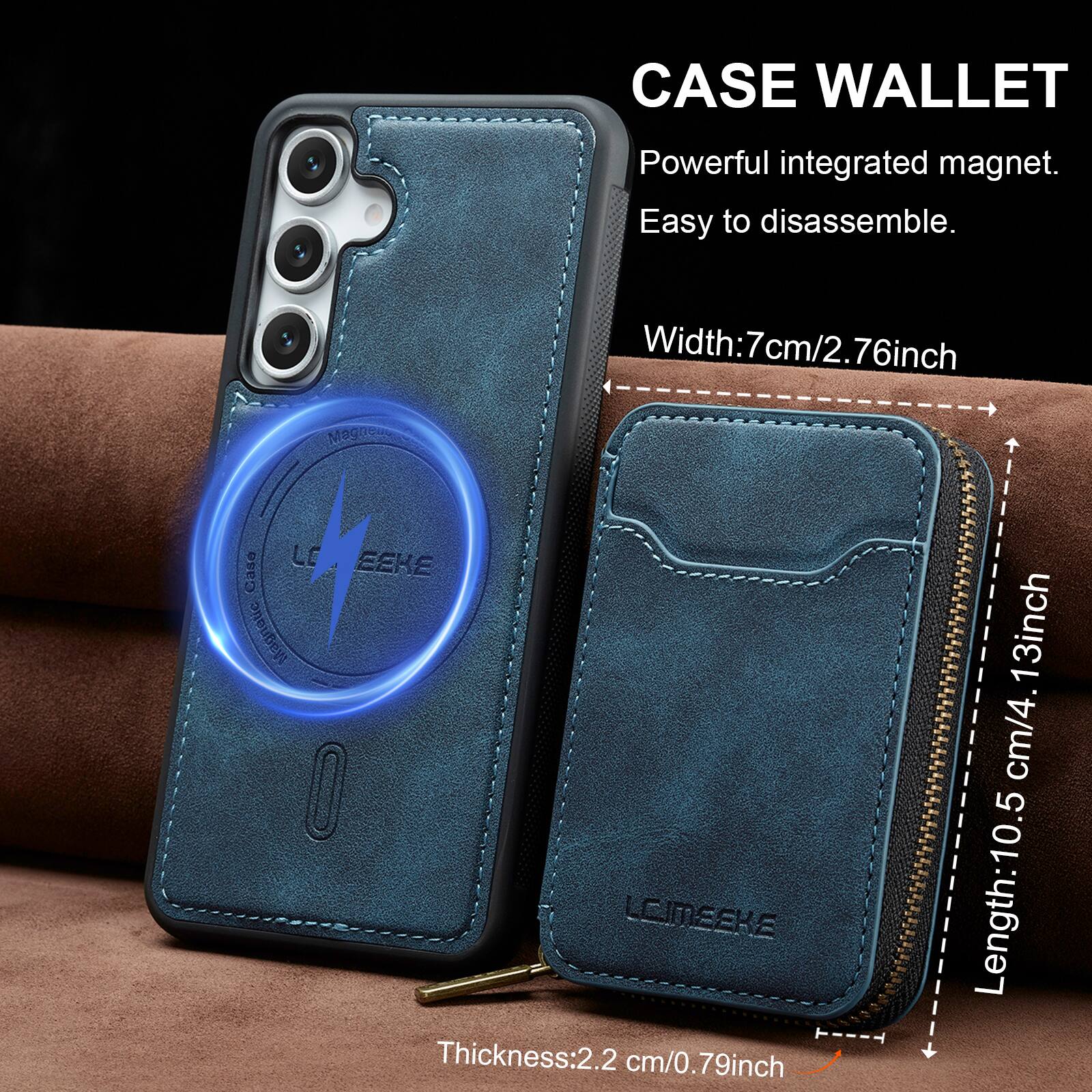 CASE WALLET  
Powerful integrated magnet.  
Easy to disassemble.  

Width: 7cm/2.76inch  
Length: 10.5cm/4.13inch  
Thickness: 2.2cm/0.79inch