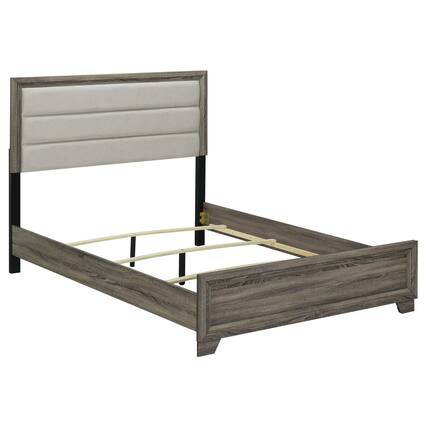 Front. Manhattan Lane - Reay Queen Size Bed, Panel Headboard, Brown Wood Tufted Tan Upholstery - Brown.