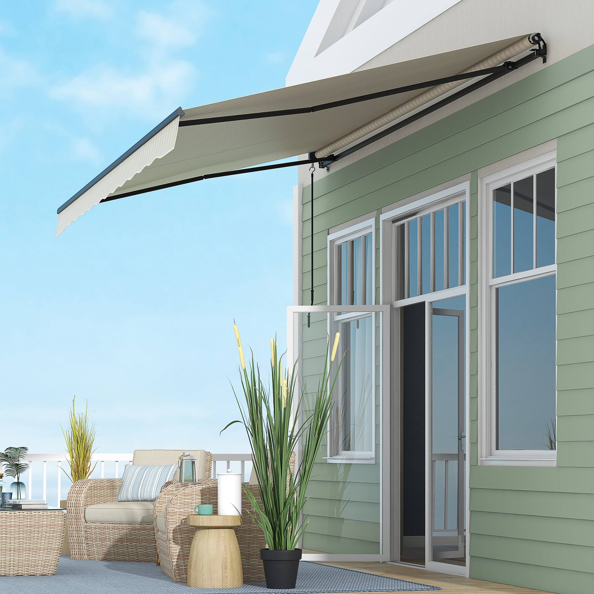 Alt View 8. Outsunny - 12' x 10' Retractable Awning, Patio Awning Sunshade Shelter with Manual Crank Handle, 280gsm UV Resistant Fabric - Beige and White.