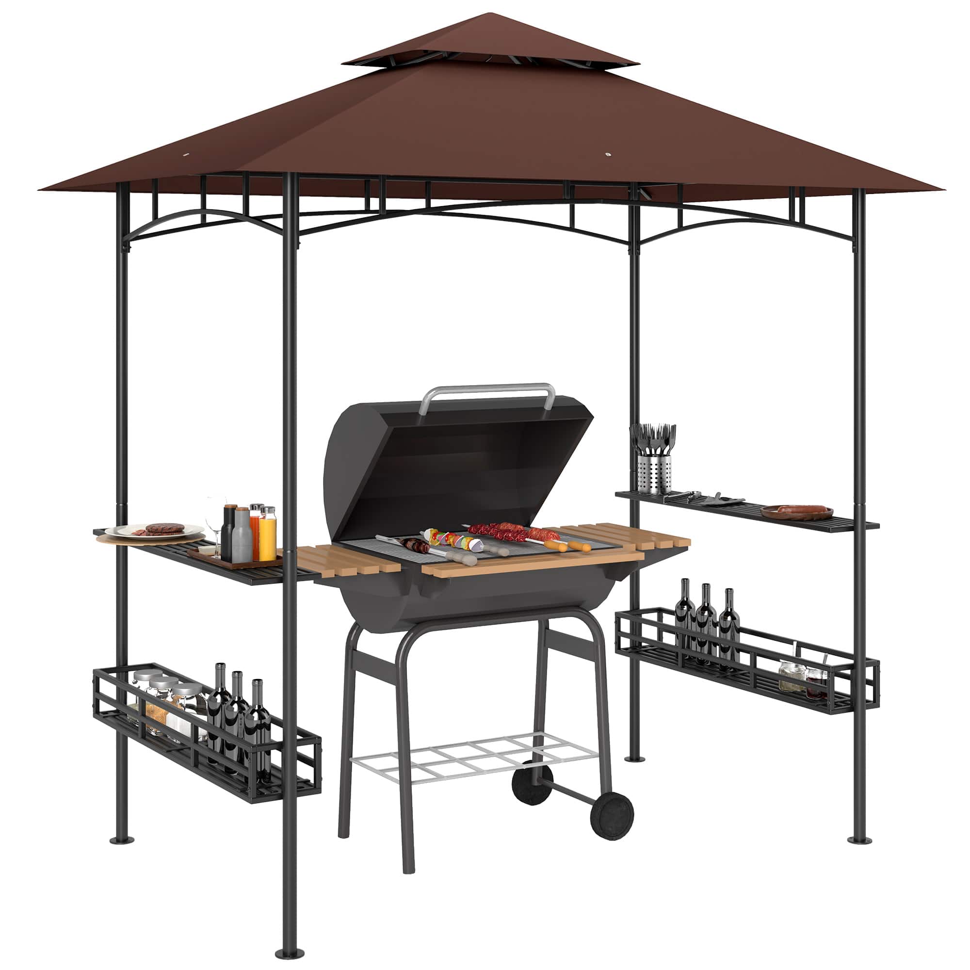 Outsunny - x 5' BBQ Grill Gazebo, 2-Tier Outdoor BBQ Gazebo with 2 Side Shelves, Storage Baskets, Ceiling Hook - Brown