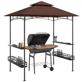 Outsunny - 8' x 5' Grill Gazebo, 2-Tier Outdoor BBQ Gazebo with Ceiling Hook, 2 Side Shelves and Storage Baskets - Brown