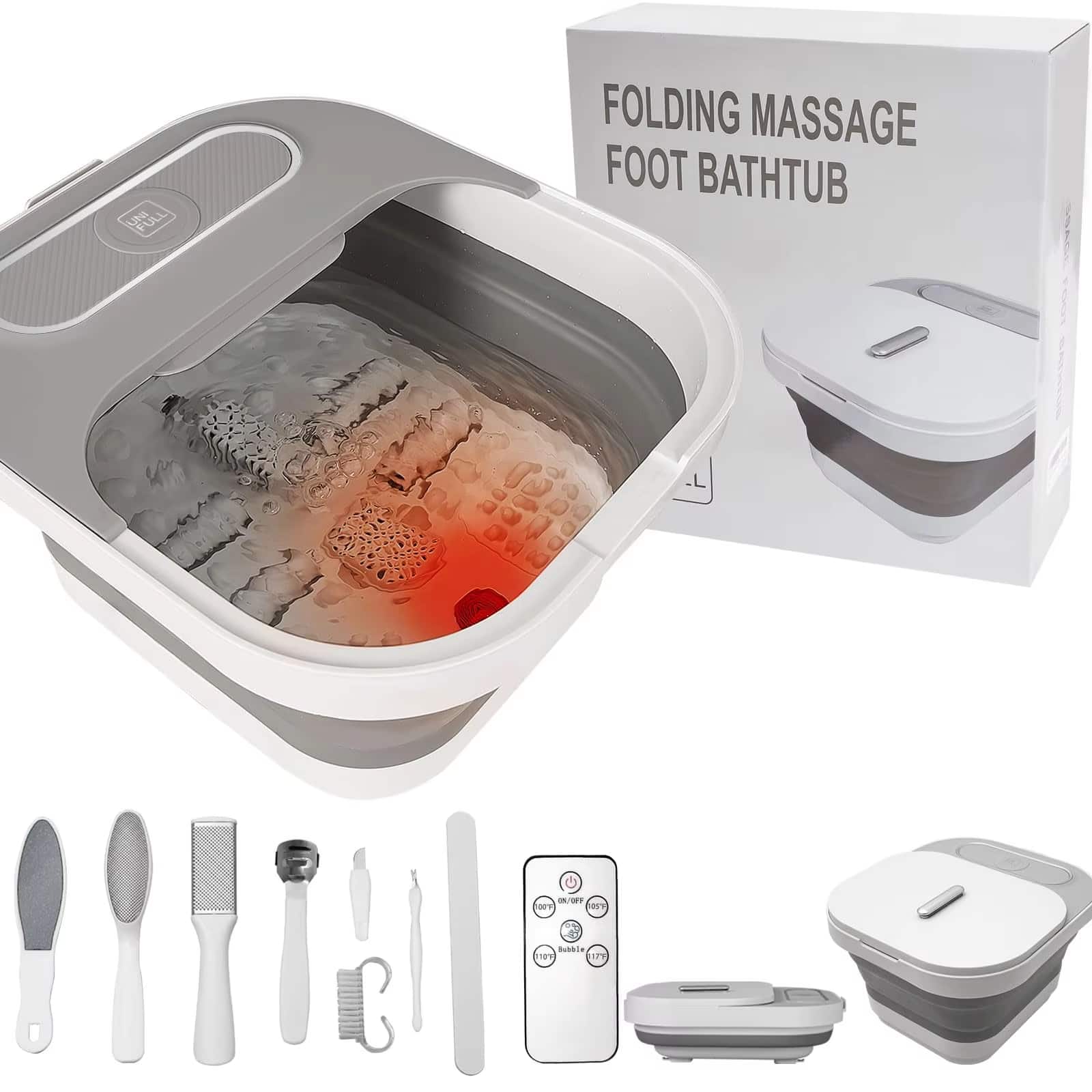 Luckbyte - Portable Foldable Foot Bath with Massage Rollers Heat Bubble Red Light for Home Spa Pedicure Use