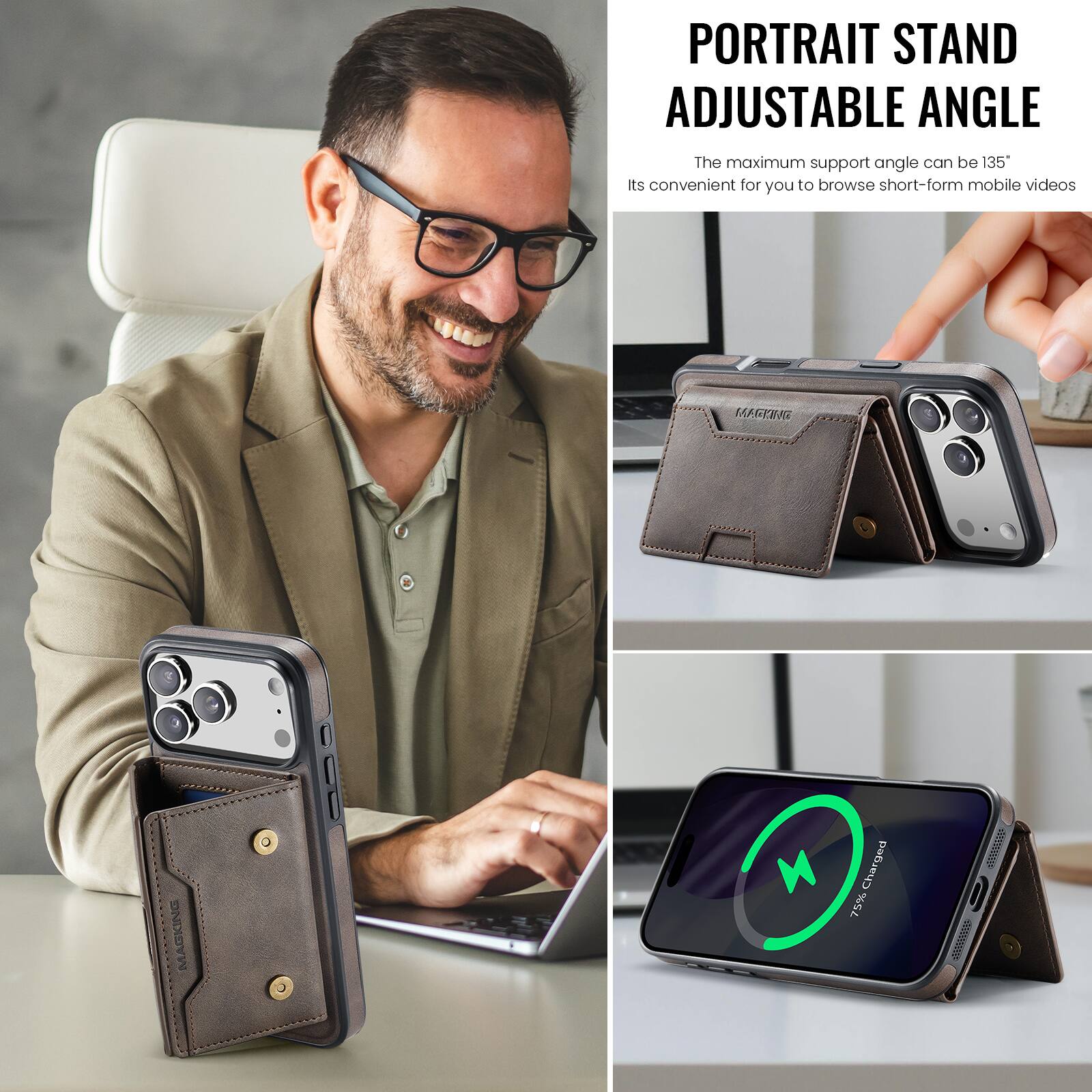 PORTRAIT STAND ADJUSTABLE ANGLE

The maximum support angle can be 135°

Its convenient for you to browse short-form mobile videos

TAFGEING MAGKING M

Charged 75%