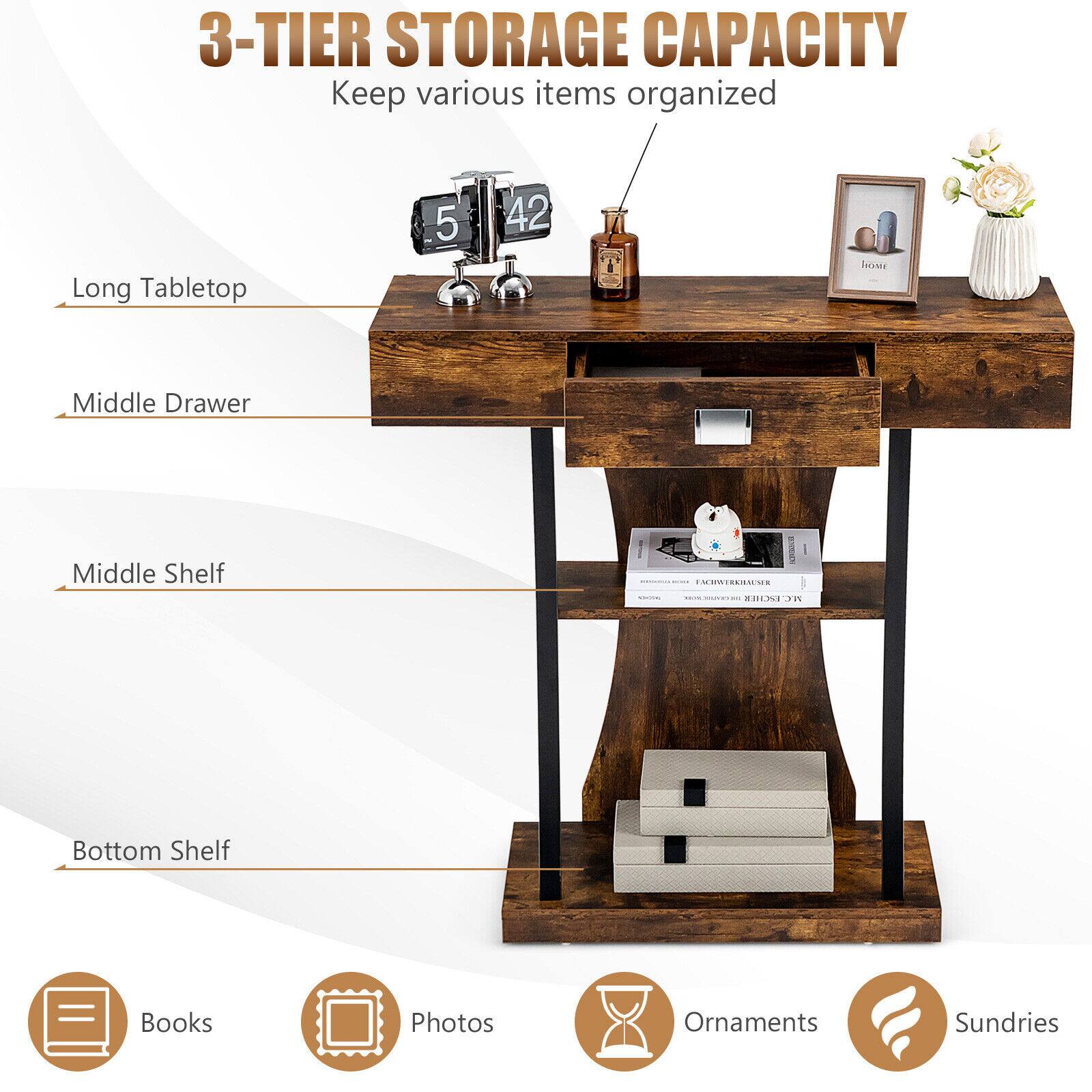 3-TIER STORAGE CAPACITY, Keep various items organized, Long Tabletop, Middle Drawer, Middle Shelf, Bottom Shelf, Books, Photos, Ornaments, Sundries