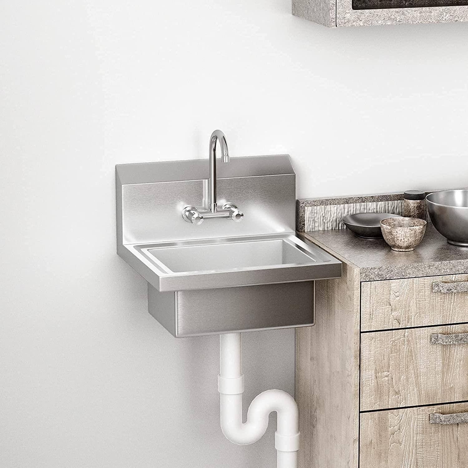 Alt View 3. Winado - Heavy Duty Hand Wash Commercial Sink Wall Mount Utility Sink with Splash Guard, Drain Strainer, Faucet for Home Kitchen - Silver.