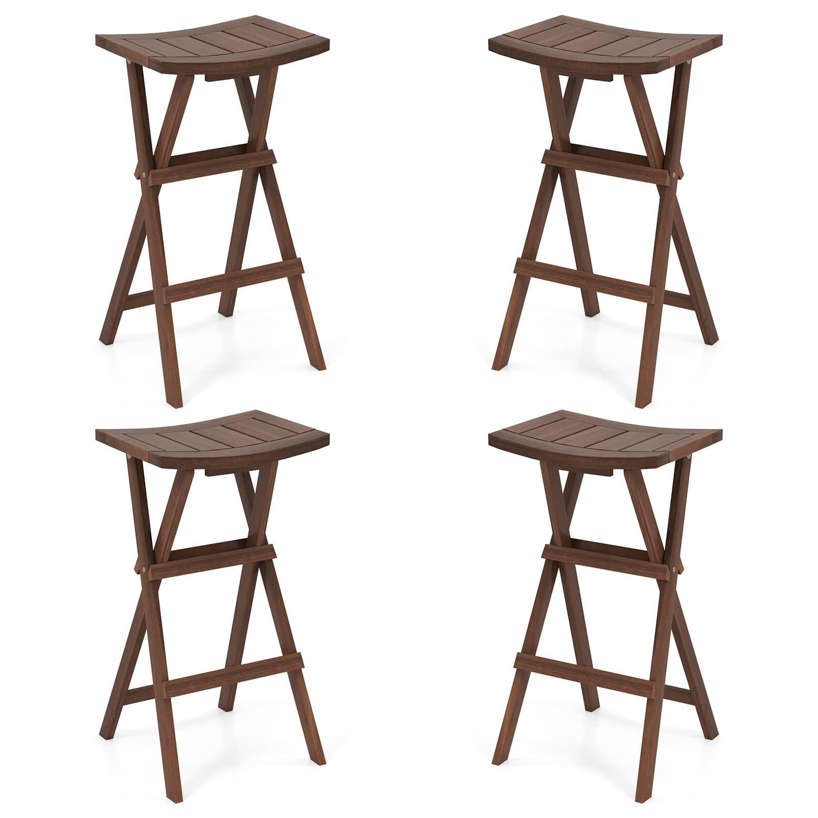 Gymax - Bar Stools Set of 4 30'' Folding Bar Height Stools w/ Saddle Seat & Footrest - Teak