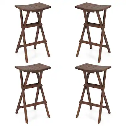 Front. Gymax - Gymax Bar Stools Set of 4 30'' Folding Bar Height Stools w/ Saddle Seat & Footrest - Teak.