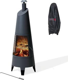 SUNJOY - 57 Inch 2‑in‑1 Chiminea Fire Pit & Grill, Grey Metal Outdoor Fireplace with Removable Stainless Steel Grate, PVC Cover