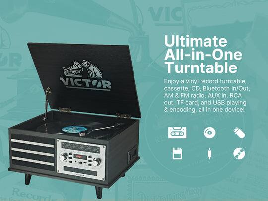 Ultimate All-in-One Turntable

Enjoy a vinyl record turntable, cassette, CD, Bluetooth In/Out, AM & FM radio, AUX in, RCA out, TF card, and USB playing & encoding, all in one device!