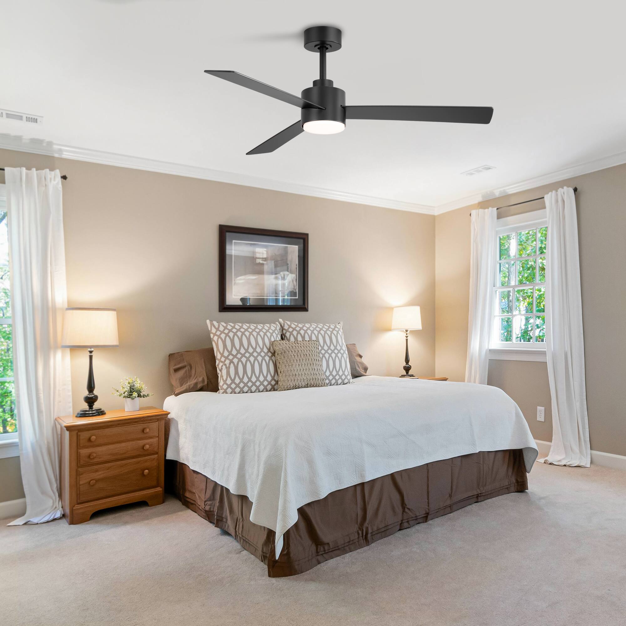 Alt View 2. Breezary - 52" Indoor Ceiling Fan, 3 Plywood Blades, 6-Speed DC Motor, Remote & Timer, 5" & 10" Downrods, LED Light/No Light Option - Black (With Light).