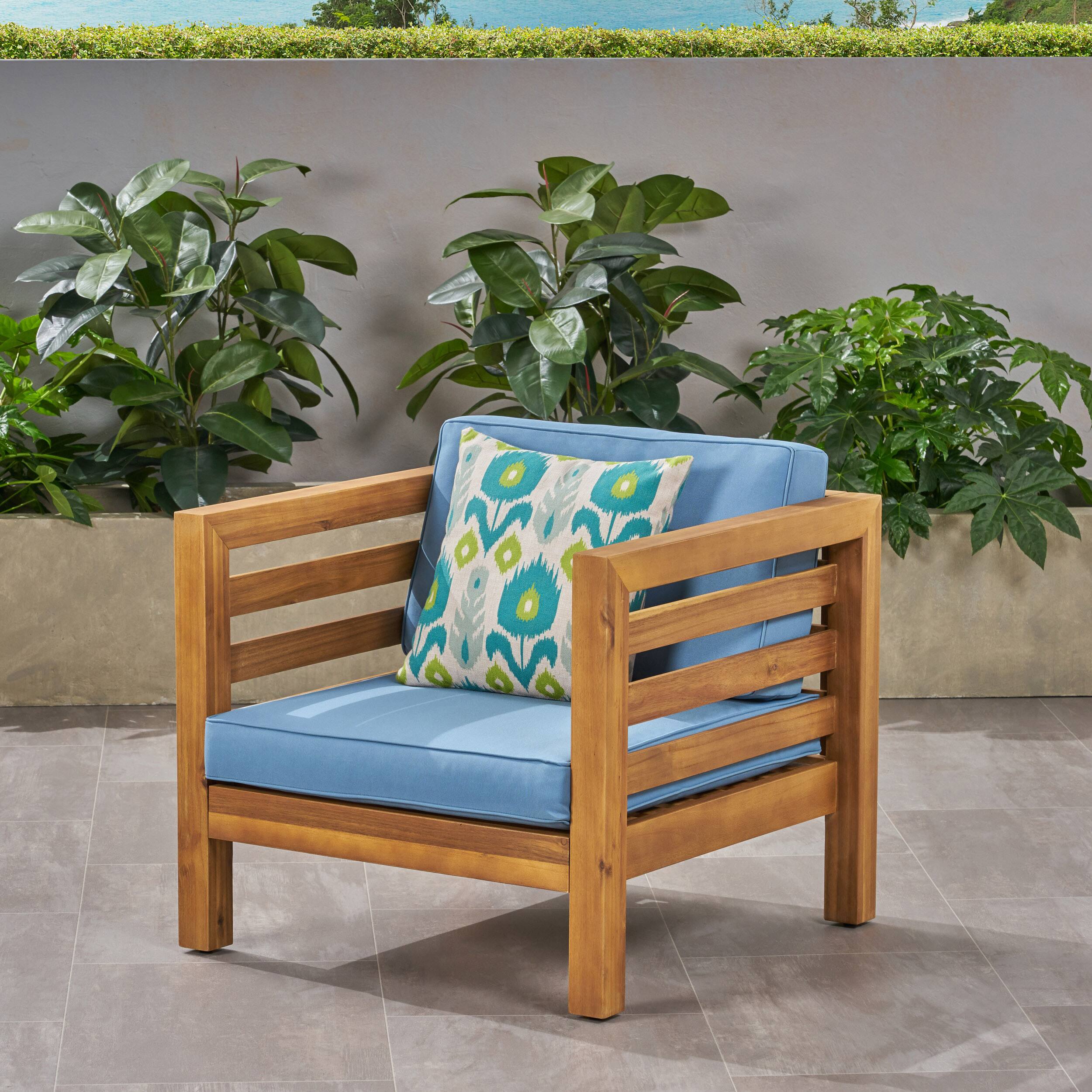 Alt View 4. Whisen - Outdoor Club Chair, Acacia Wood Patio Chair with Water-Resistant Cushion for Backyard, Garden and Porch - Blue.