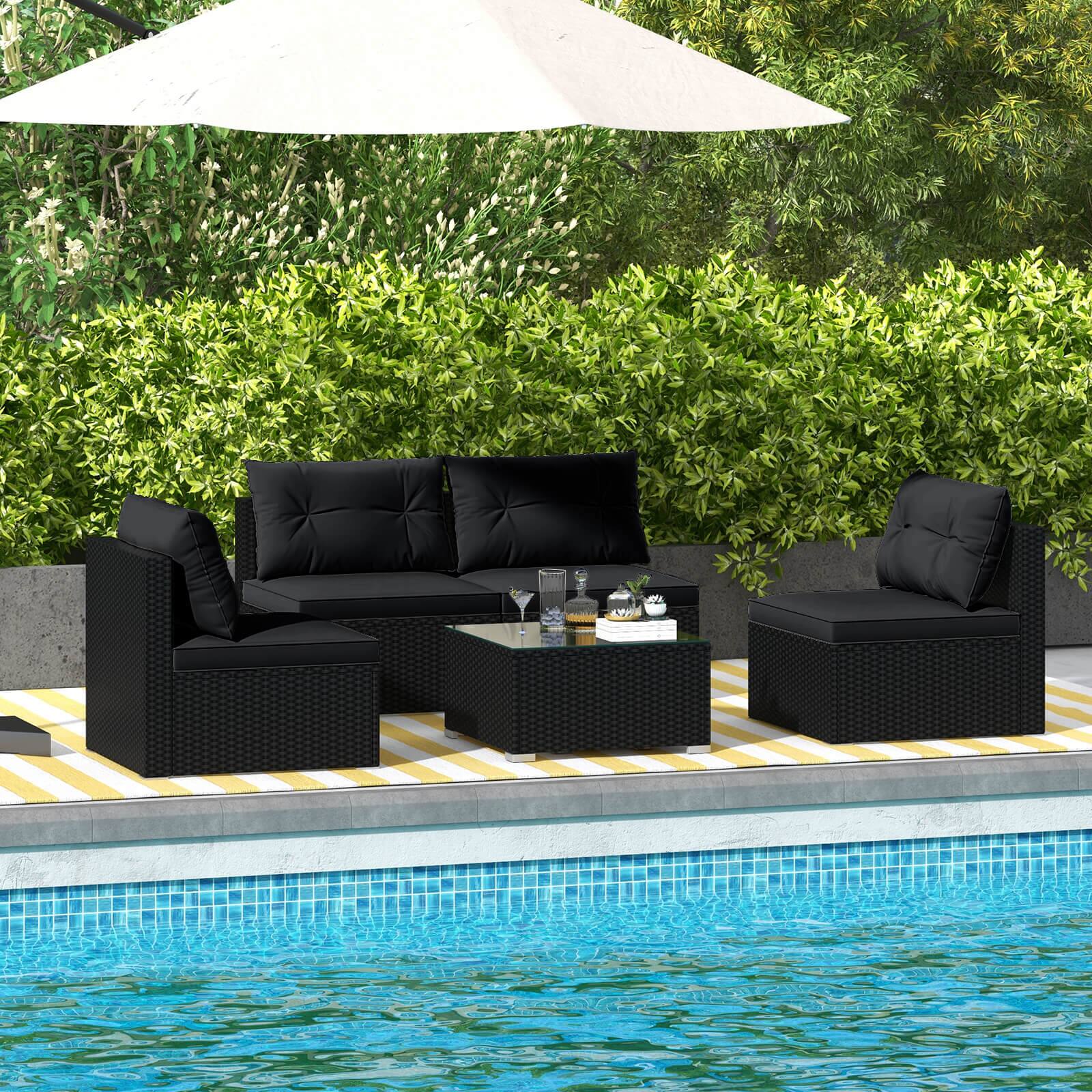 Alt View 1. Costway - Costway 5 Piece Outdoor Furniture Set with Seat & Back Cushions Tempered Glass Tabletop - Black.