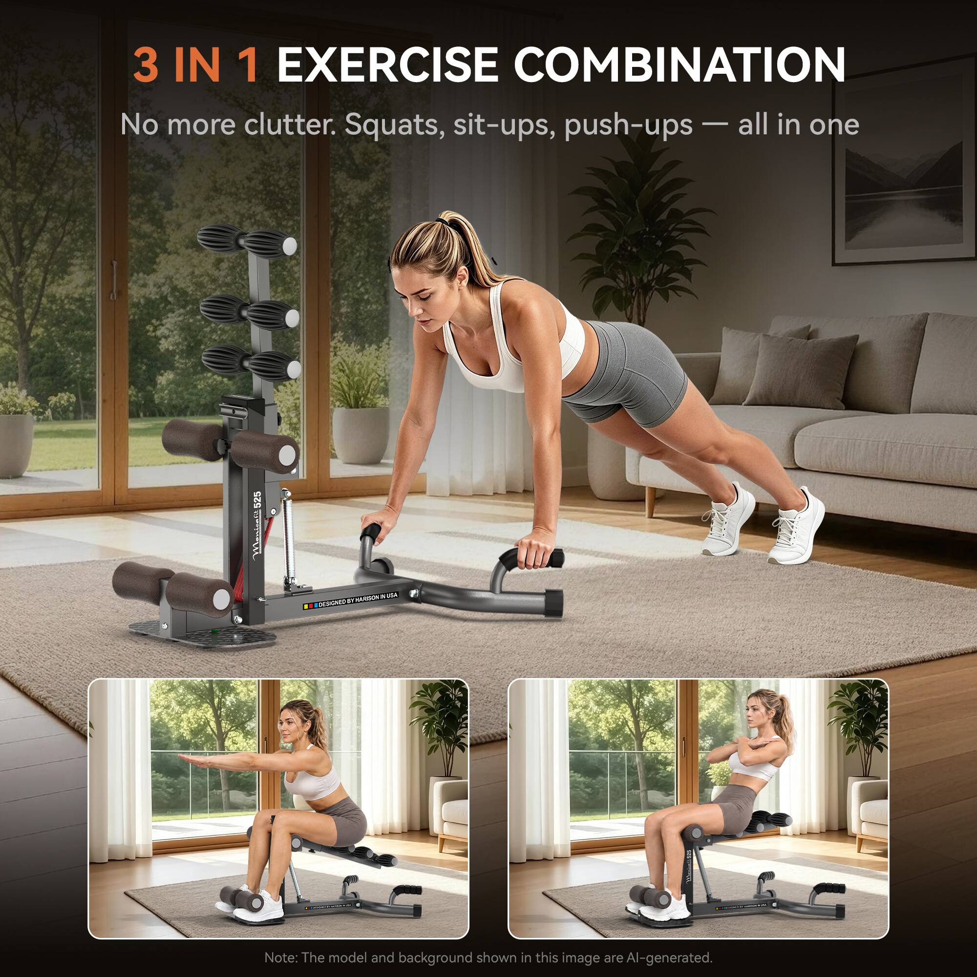 3 IN 1 EXERCISE COMBINATION  
No more clutter. Squats, sit-ups, push-ups — all in one

525 Manicafil  
PRES 5 VOA DESSARD