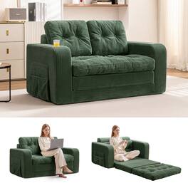 Brick Attic - 2 in 1 Folding Sofa Bed with Pillows, Pull Out Couch Loveseat Sleeper Bed with Cup Holder and Fixed-Shape Frame - Green