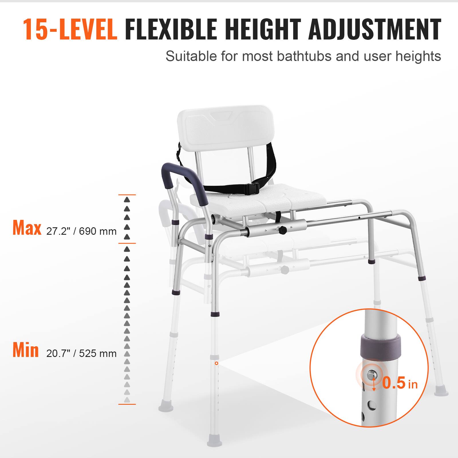 15-LEVEL FLEXIBLE HEIGHT ADJUSTMENT Suitable for most bathtubs and user heights Max 27.2" / 690 mm Min 20.7" / 525 mm 0.5 in