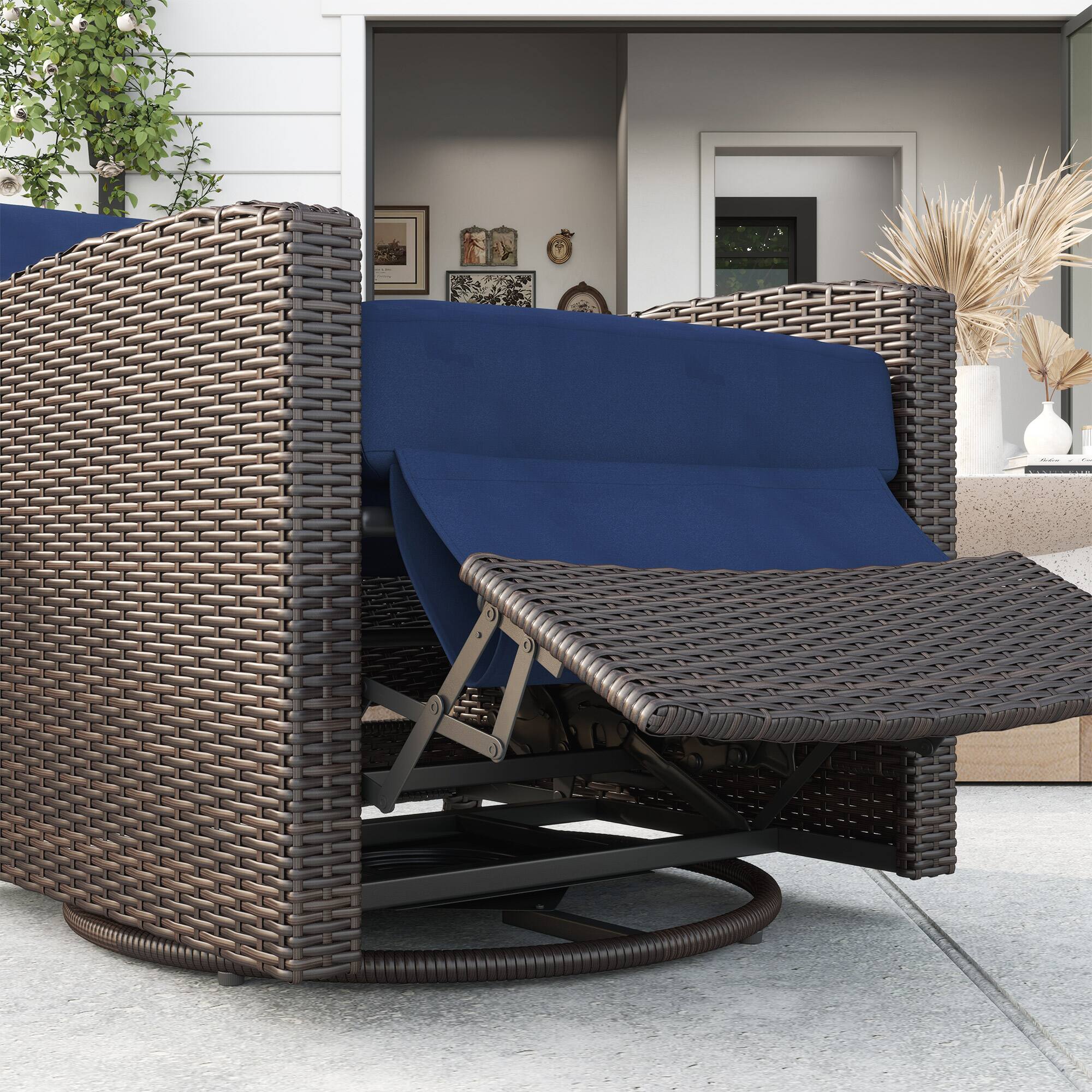 Alt View 7. Outsunny - Wicker Chair, Reclining Backrest, Lifting Footrest, 360° Rotating Basic, Water Resistant Cushions - Dark Blue.