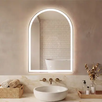 Front. Sweetcrispy - 24in x 36in Frameless Arch Bathroom Mirror with Dimmable LED Light & Anti-Fog, Wall-Mounted Modern Vanity Mirror - White.
