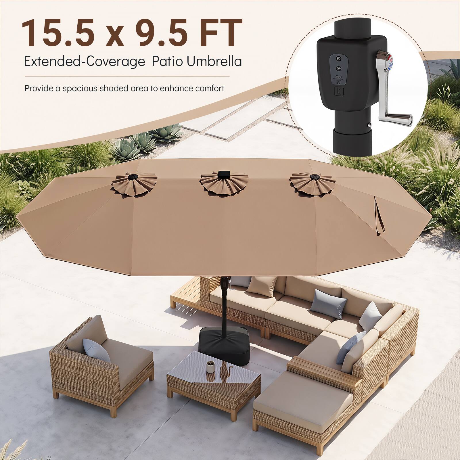 15.5 x 9.5 FT Extended-Coverage Patio Umbrella

Provide a spacious shaded area to enhance comfort