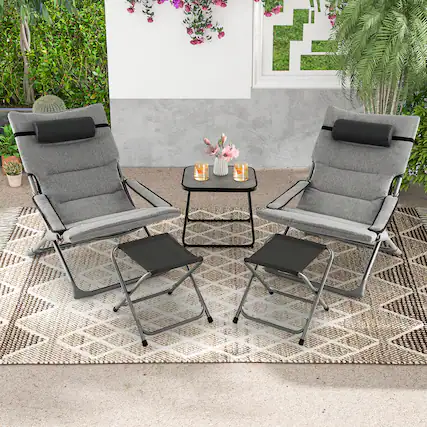 Front. Gymax - Gymax 5-Piece Patio Sling Chair Set Folding Lounge Chairs w/ Coffee Table Yard Poolside - Grey.