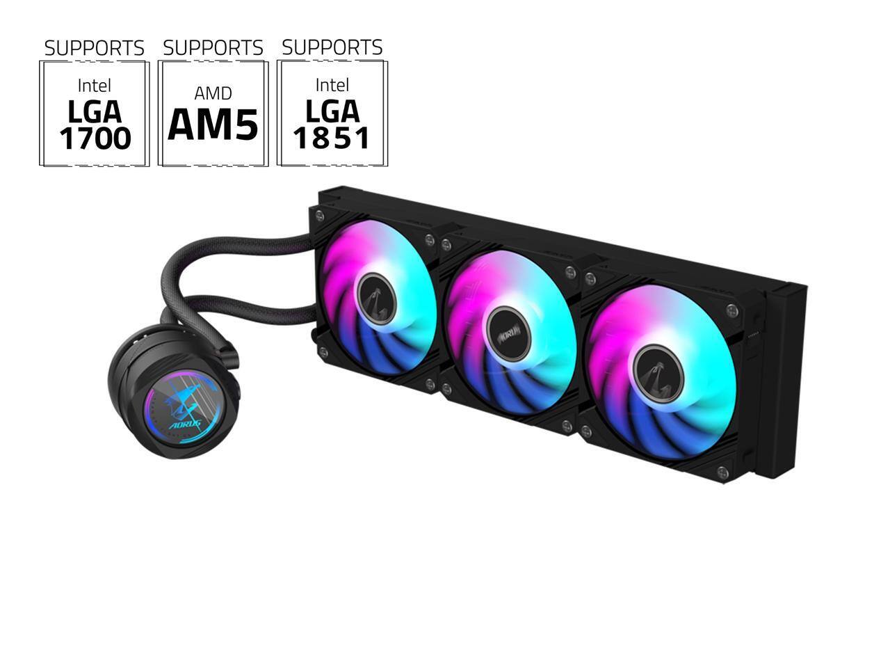 Front. GIGABYTE - AORUS WATERFORCE II 360, 360mm Radiator, 3x120mm ARGB Fans, LGA1700/1851/AM5 - ARGB.