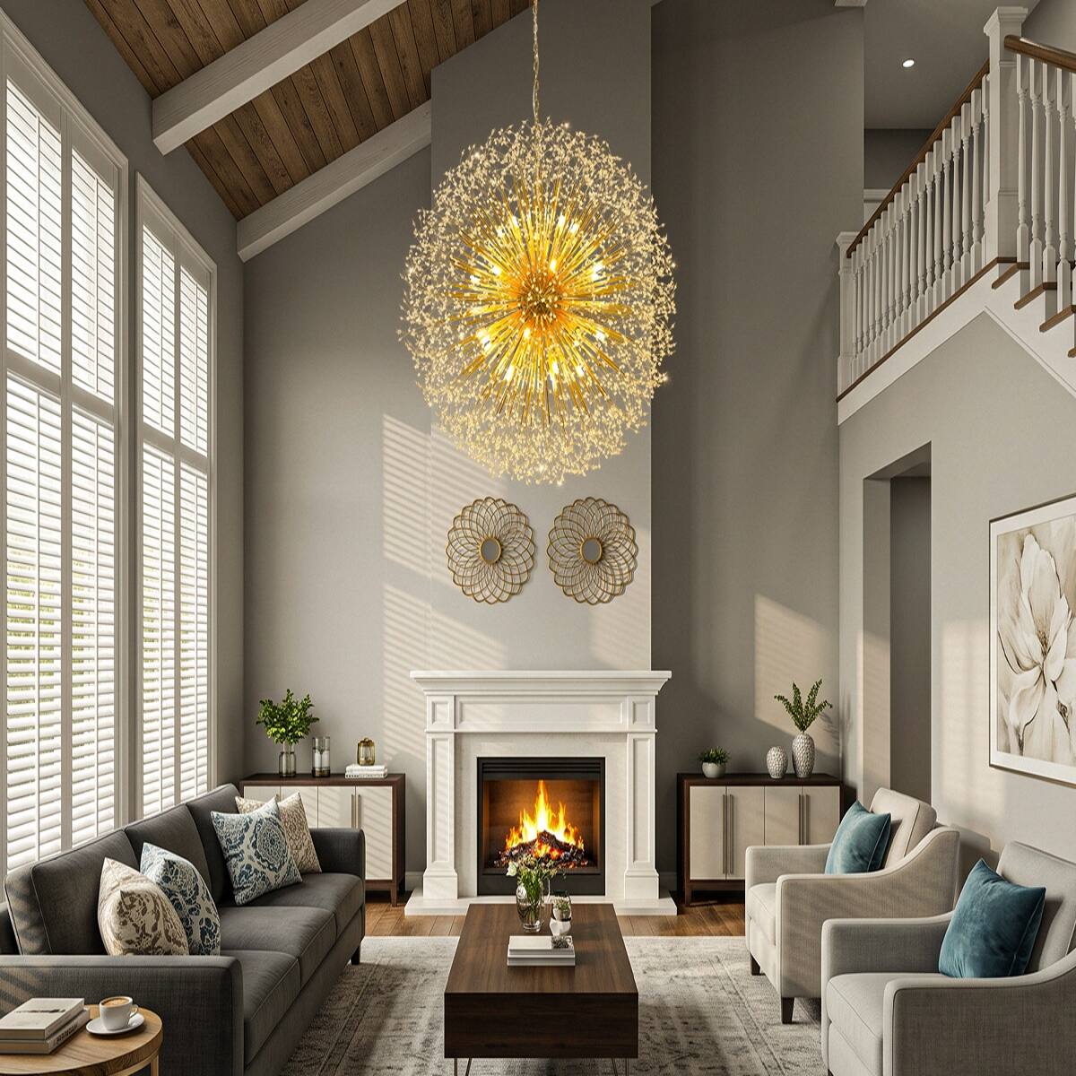 Alt View 3. Loheer - Loheer Extra Large Gold Crystal Chandelier, Modern Dandelion Firework Sputnik Light for High Ceilings.