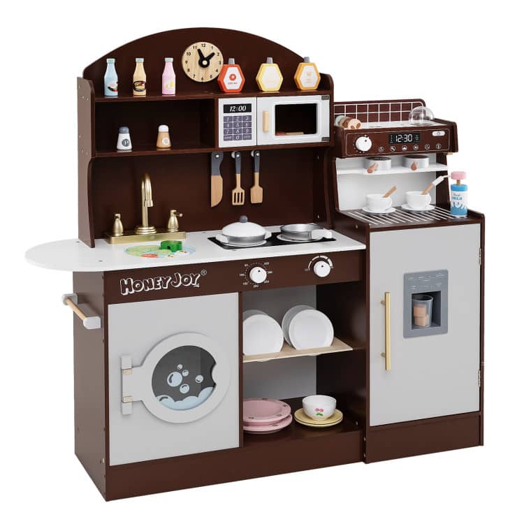 SlickBlue - Kids Play Kitchen Wooden Set with Maker and Pretend Accessories - Coffee