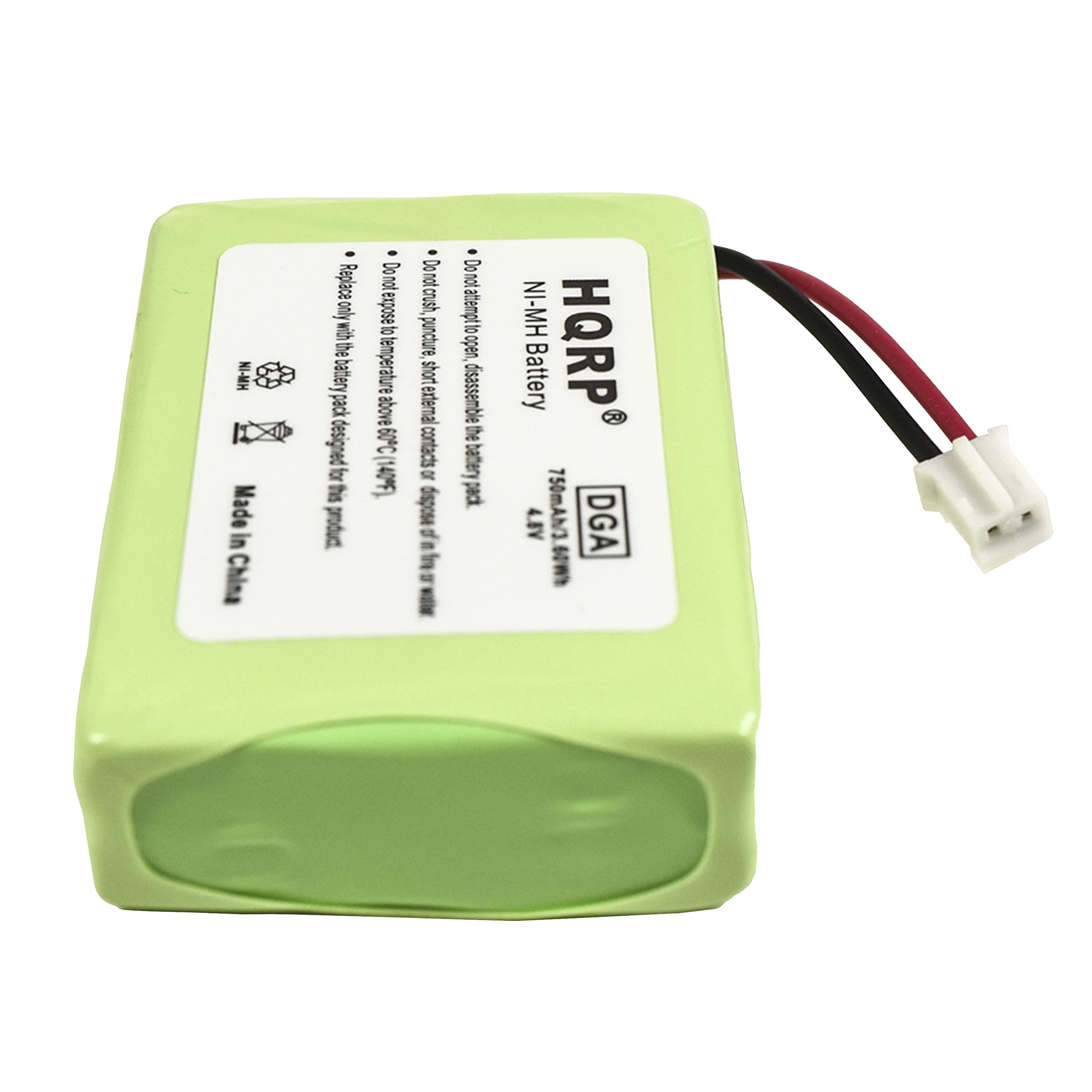 NI-MH in Made China  
only Replace with the battery pack designed for this product  
Do not expose to temperature above 60C (140F).  
Do not crush, puncture, short external contacts or asodsip  
Do not attempt to open, the disassemble battery pack.  
NI-MH HQRP Battery 4.8V 750mAh/3.60Wh DGA