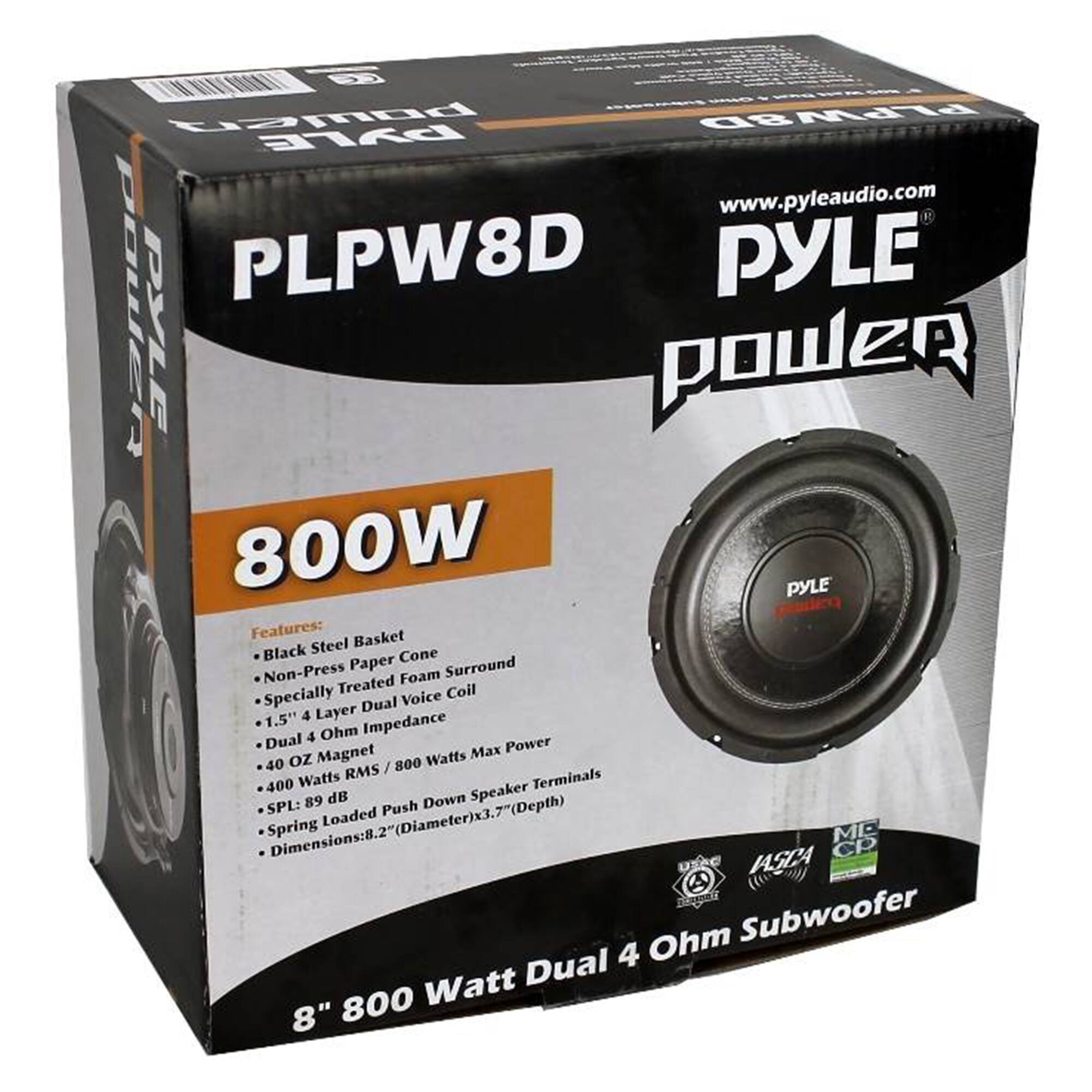 Sure, here is the corrected and grouped text from the image:

---

**PYLE POWER**

**PLPW8D**

**800W**

**Features:**
- Black Steel Basket
- Non-Press Paper Cone
- Specially Treated Foam Surround
- 1.5" 4 Layer Dual Voice Coil
- Dual 4 Ohm Impedance
- 40 OZ Magnet
- 400 Watts RMS / 800 Watts Max Power
- SPL: 89 dB
- Spring Loaded Push Down Speaker Terminals
- Dimensions: 8.2" (Diameter) x 3.7" (Depth)

**8" 800 Watt Dual 4 Ohm Subwoofer**

**www.pyleaudio.com**

**IASCA**

**MIC CD**

---