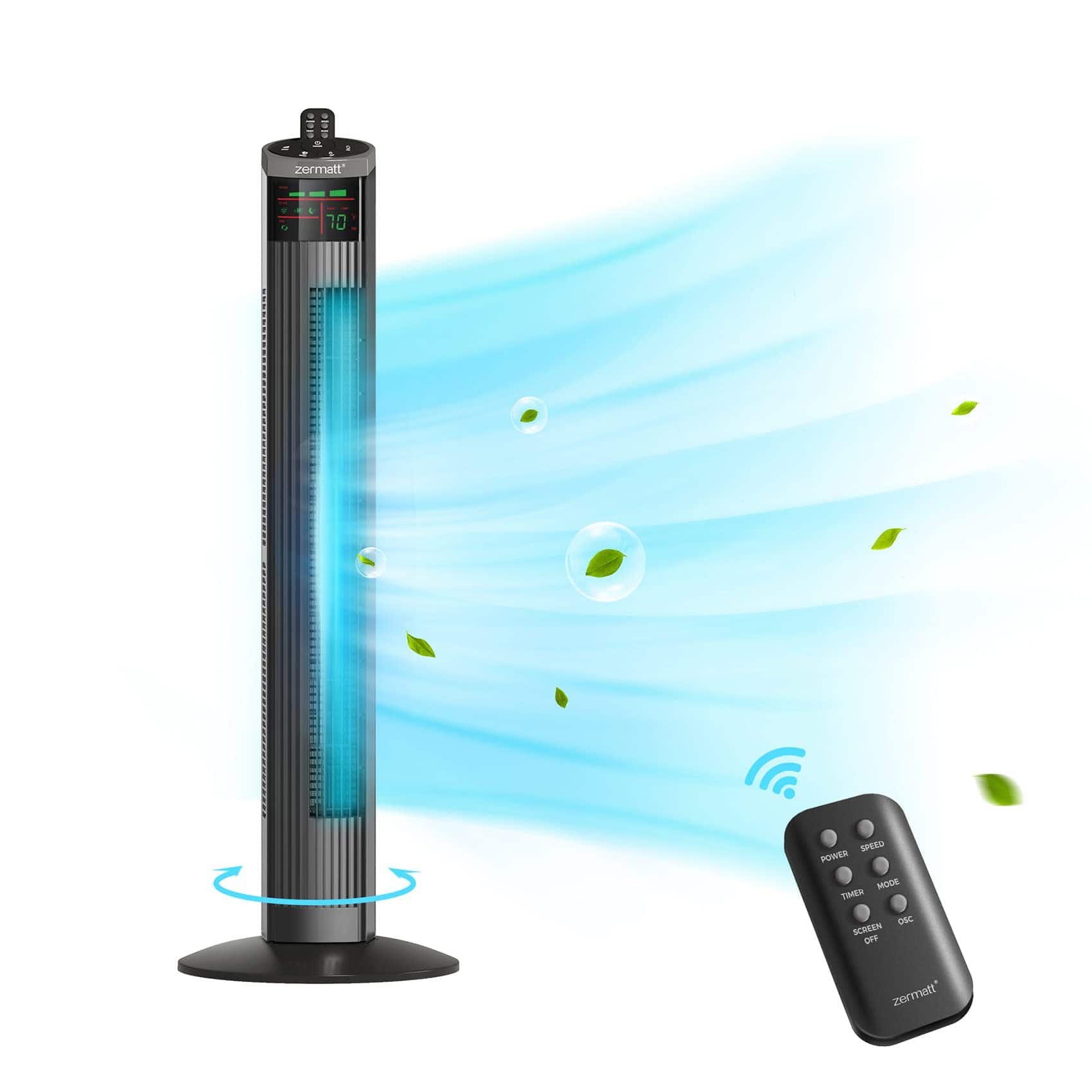 Zermatt - 36" Gray Tower Fan, 75° Oscillating, Remote, LED Display, 15H Timer, Quiet Bladeless - Black