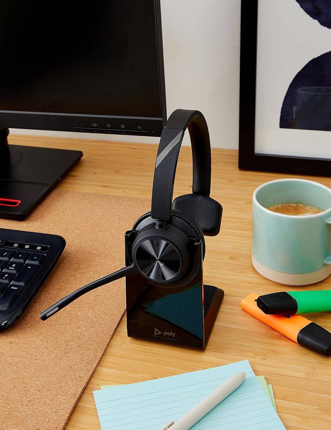 Left. HP - HP Poly Voyager 4310 UC Wireless Monoaural Headset with Charging Stand and USB-A Adapter, Microsoft Teams Certified - Black.