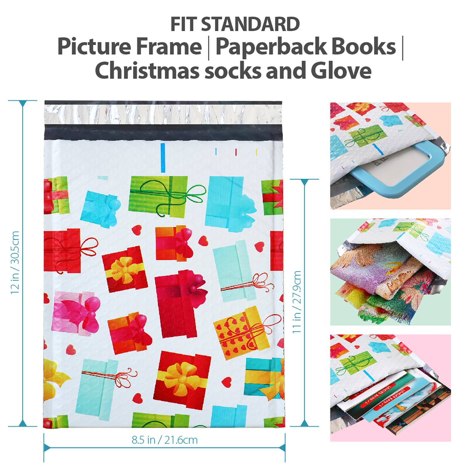 FIT STANDARD  
Picture Frame | Paperback Books | Christmas socks and Glove  

12 in / 30.5 cm  
11 in / 27.9 cm  
8.5 in / 21.6 cm